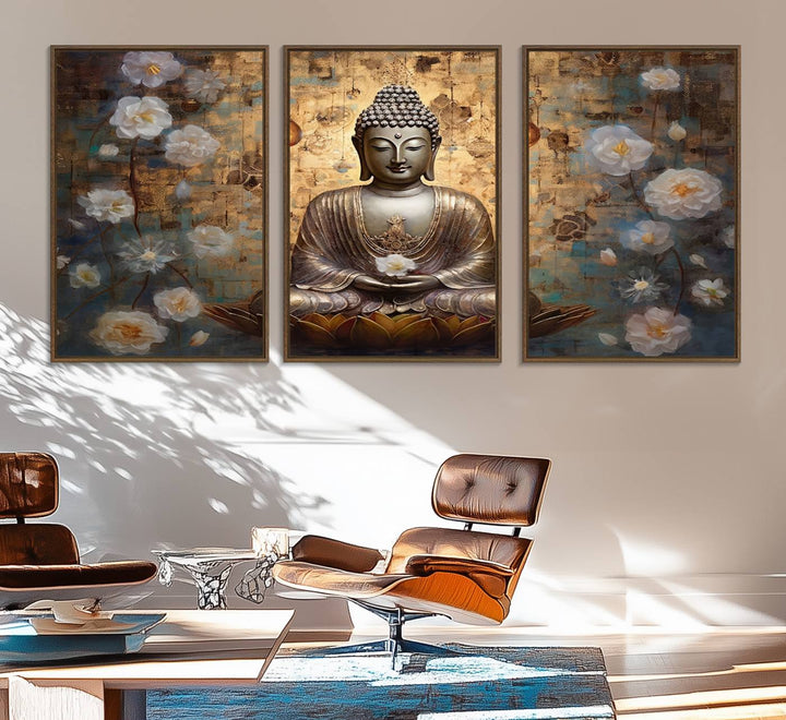 Golden Buddha wall art canvas print on a warm backdrop.