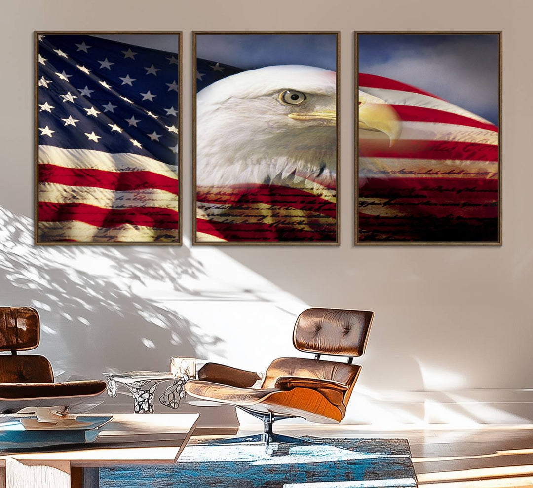 On the wall is an American Flag Eagle Symbol Wall Art Canvas Print.