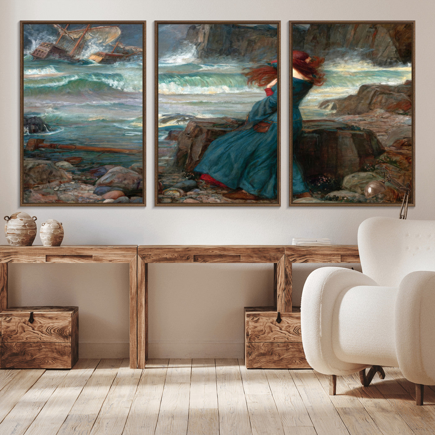 1-MGV-FC-60X30-3P_Walnut-Miranda by the Shore Wall Art Canvas Print – Tempest Scene Ocean Storm – Ready to Hang