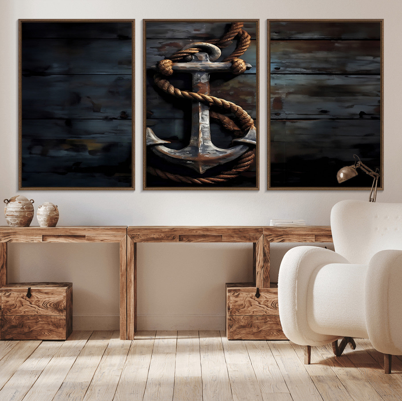 20984-MGV-CV-36X24-3 Panel Grunge Abstract Anchor Wall Art Canvas Print Set