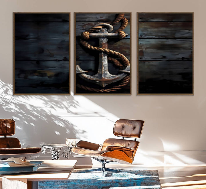 A "3 Panel Grunge Abstract Anchor Wall Art Canvas Print Set" adorns the wall, showcasing an anchor wrapped with rope. This museum-quality canvas boasts high-resolution printing and is professionally hand-assembled, elevating any space with elegance and artistic flair.