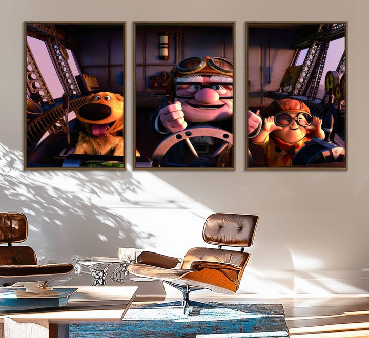 A man, boy, and dog flying a plane are depicted in the Carl Russel & Dog Movie Up wall art.