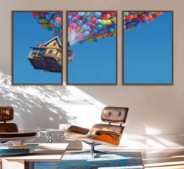 The Up house floats skyward, making it an ideal Carl Fredricksen wall art for kids rooms.