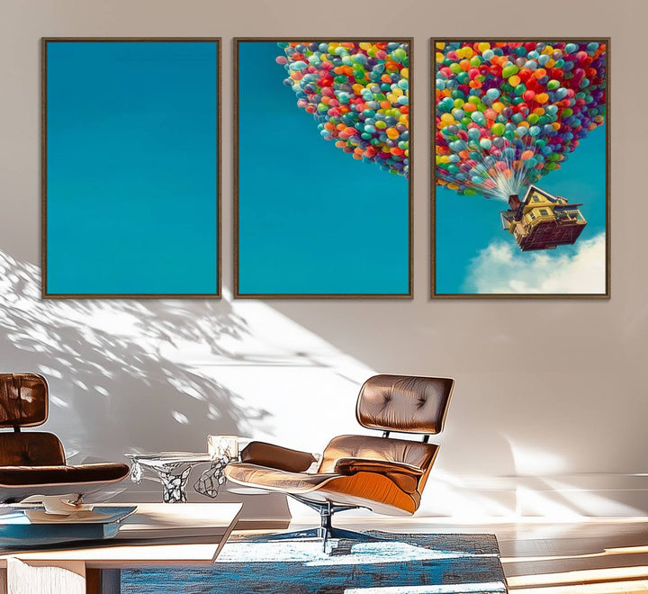 The Carl Fredricksen Up Movie Wall Art, featuring a colorful balloon house, adds vibrant decor to the space.