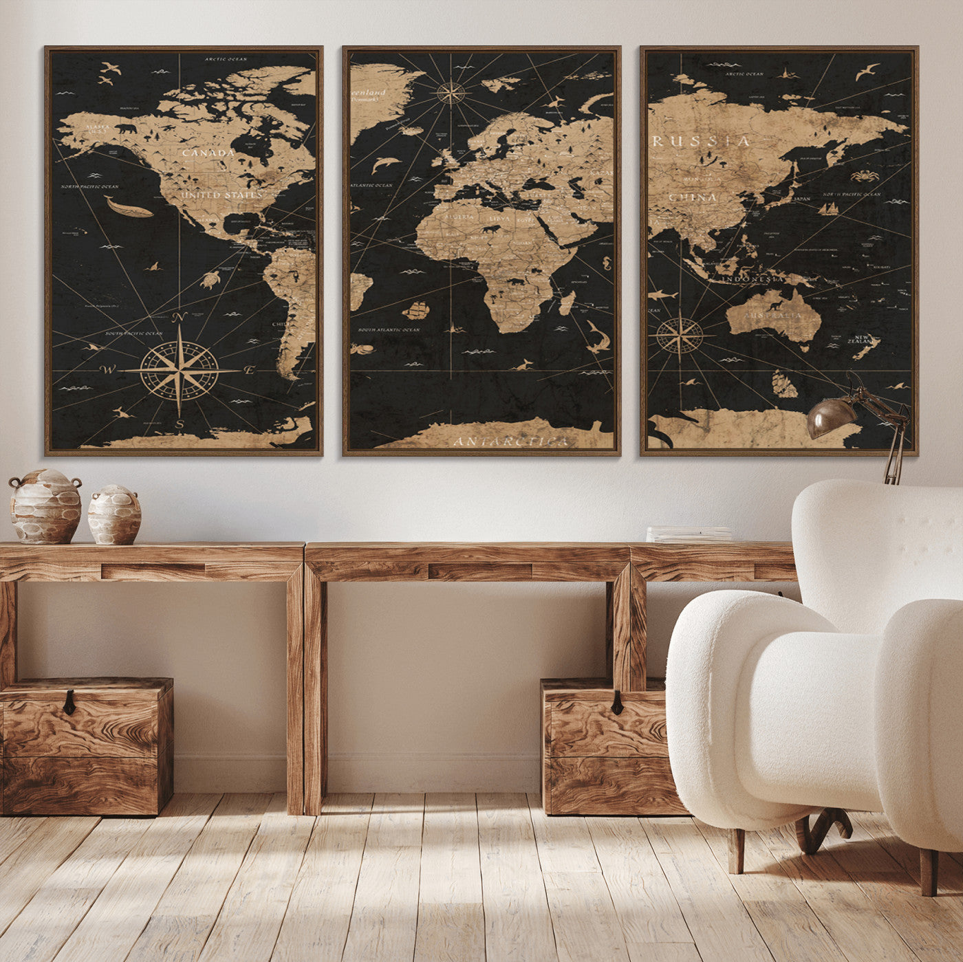 61023-MGV-CV-36X24-Vintage Push Pin World Map Canvas Print – Framed Travel Tracker Wall Art, Rustic Adventure Map Gift for Home or Office Decor