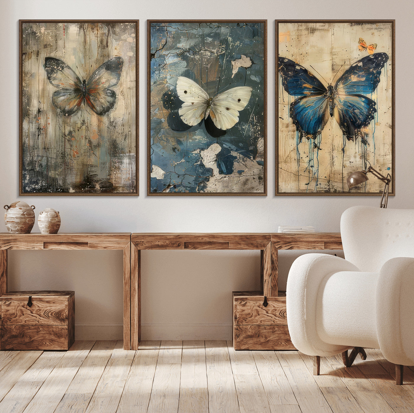 MGV-FC-60X30-3P - Butterfly Wall Art Trio | Vintage Butterfly Canvas Print | Ready to Hang Framed Artwork for