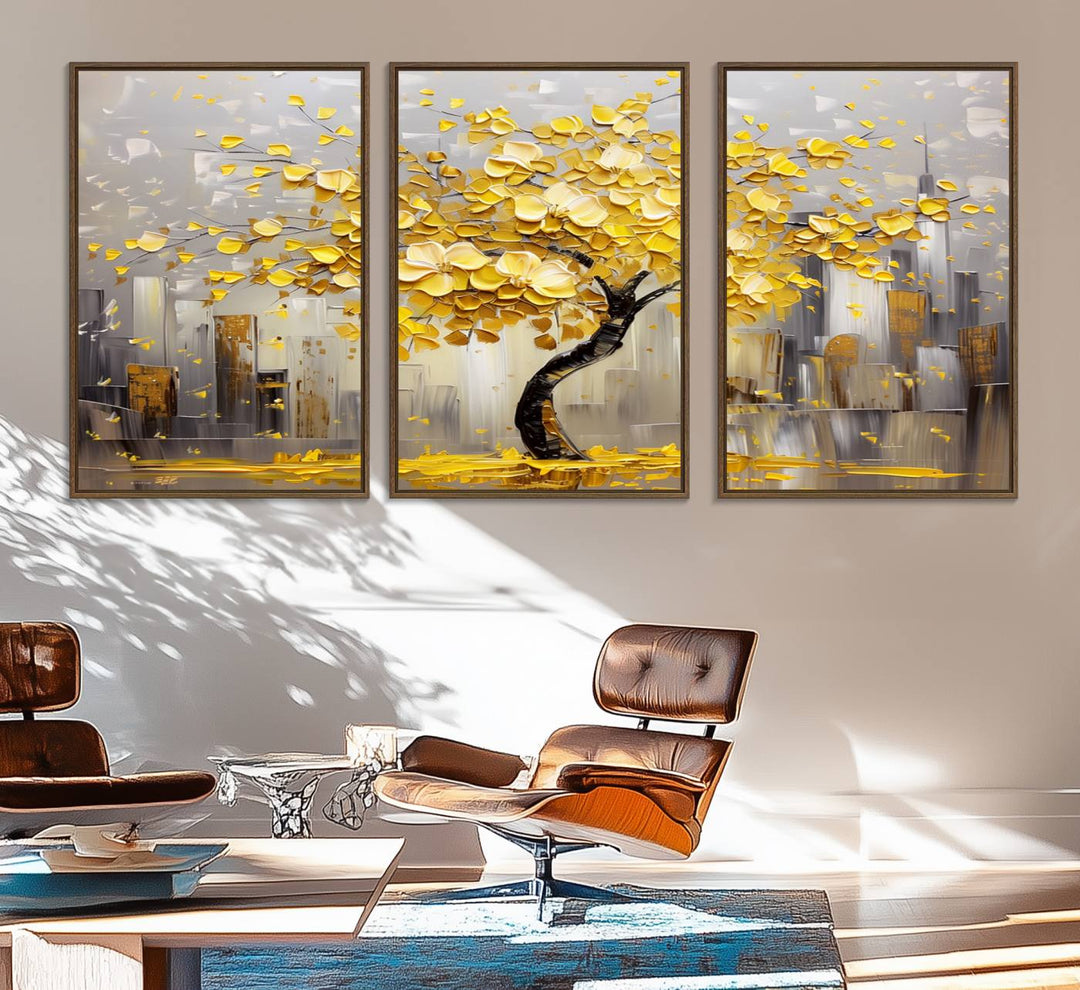 Golden Tree Canvas Print: Abstract wall art featuring golden leaves over a cityscape, ideal for modern homes. Ready to hang.