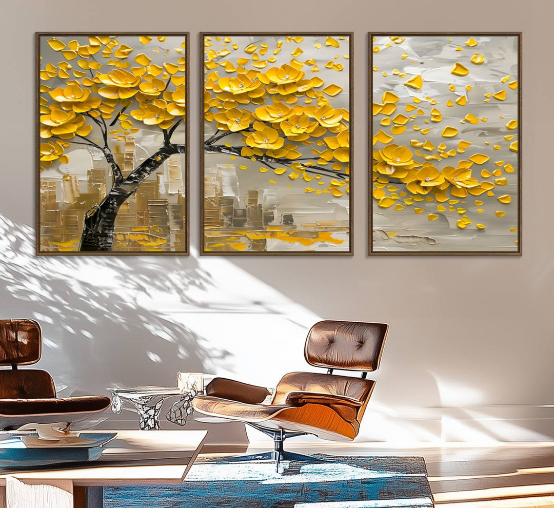 The living room showcases a Yellow Blossom Tree Canvas Wall Art, modern and floral.