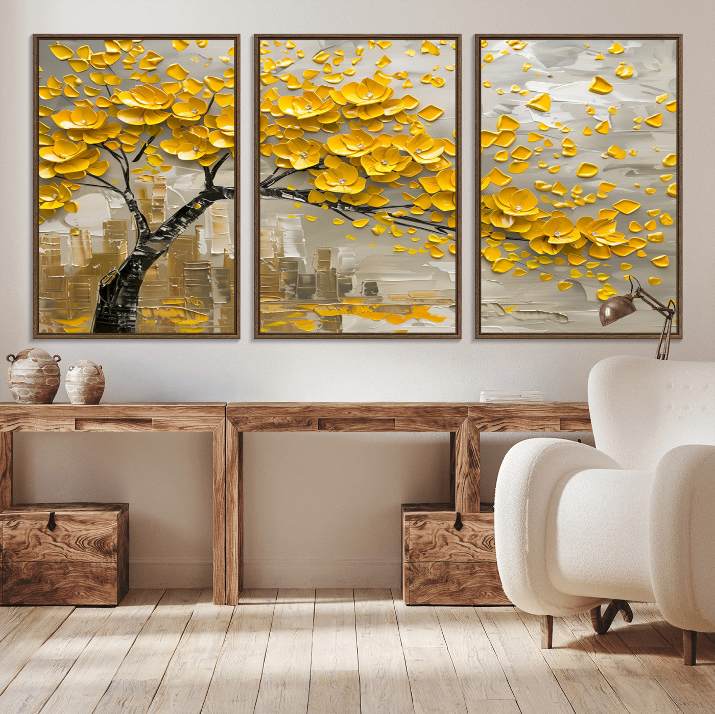 MGV-FC-60X30-3P - Yellow Blossom Tree Canvas Wall Art - Floral Abstract Modern Contemporary Artwork for Living Room or