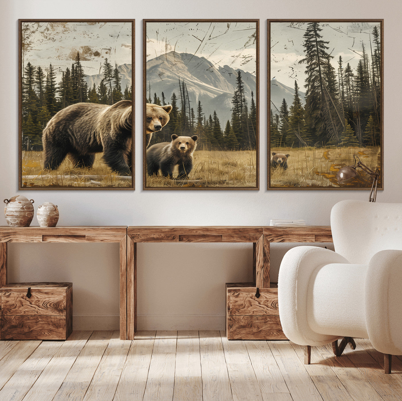 MGV-FC-60X30-3P - Rustic Grizzly 399 Bear Family Wall Art Canvas Print