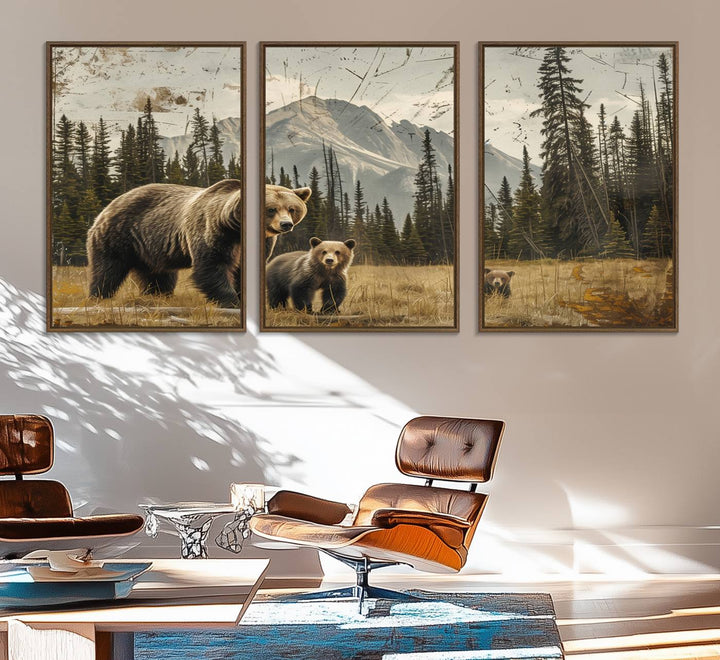 Rustic Grizzly 399: Bear Family Wall Art Canvas Print.