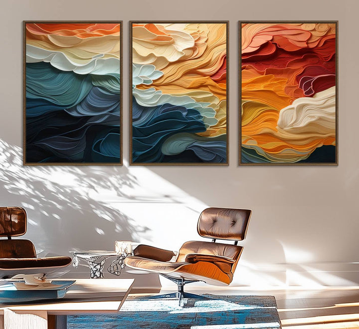 Blue Orange Abstract Wave Wall Art Canvas Print.