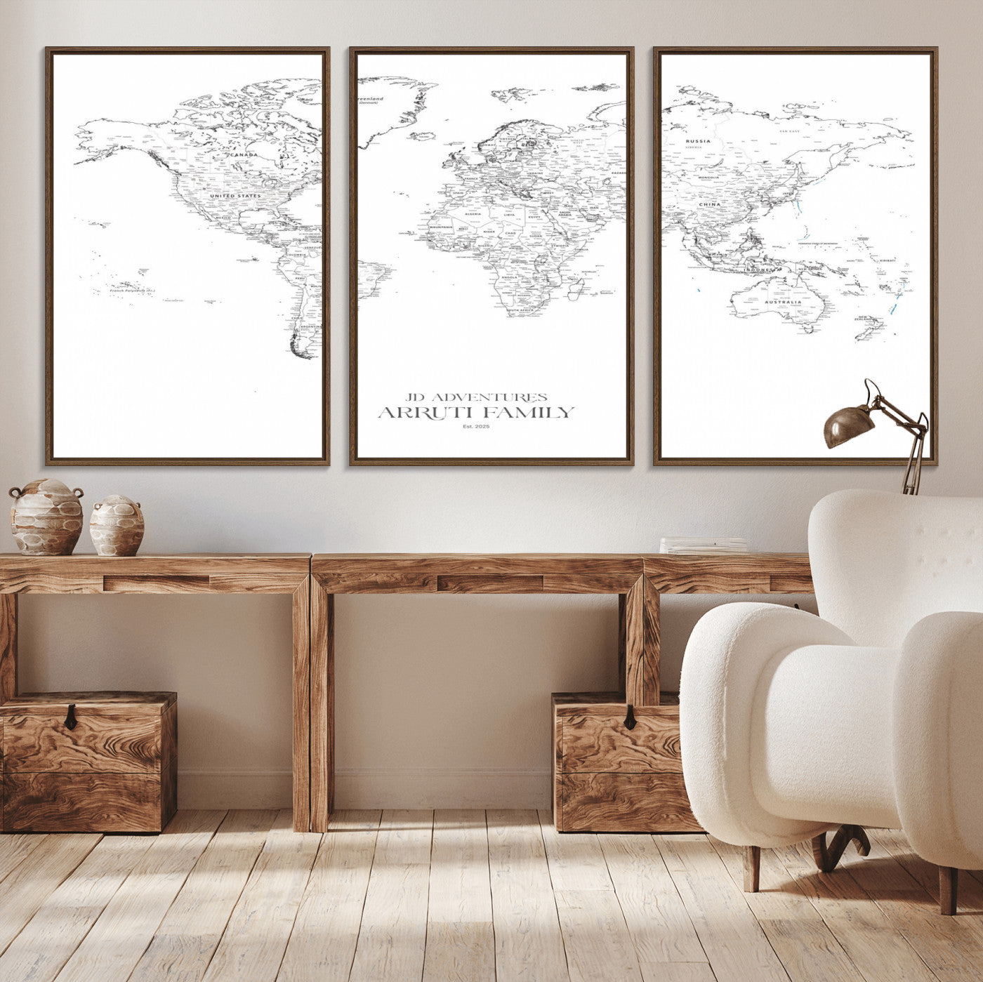 MGV-FC-60X30-3P - Custom World Map Wall Art – Personalized Framed Canvas Print with Push Pins for Travel Tracking,