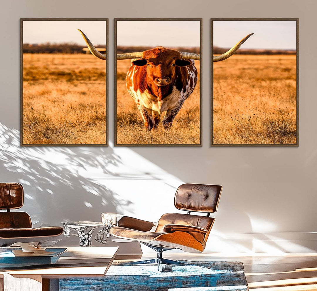 The Longhorn Cow Wall Art framed canvas brings rustic charm and farmhouse decor with its warm field scene.