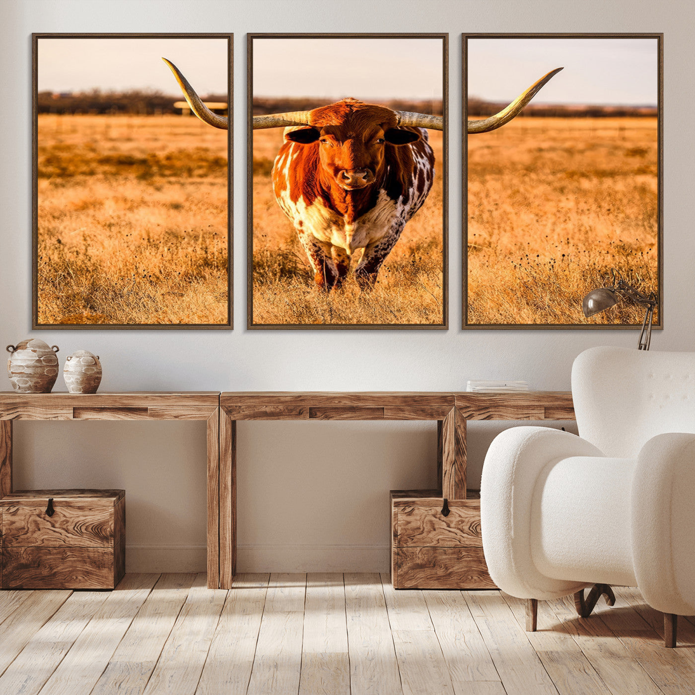 MGV-FC-60X30-3P - Longhorn Cow Wall Art | Ready to Hang Framed Canvas Print for Farmhouse and Barn Decor