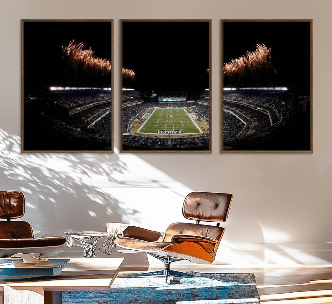 Eagles Stadium Wall Art depicting a nighttime game and fireworks at Lincoln Financial Field.