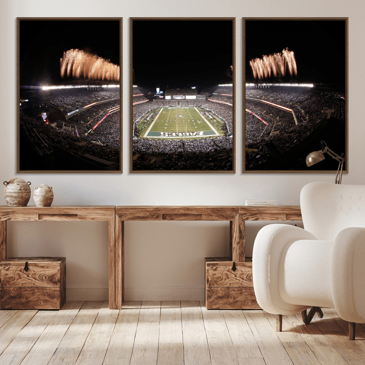 48893-MGV-CV-36X24-Eagles Field Stadium Wall Art - Lincoln Financial Field Fireworks Game Triple Canvas Wall Art -