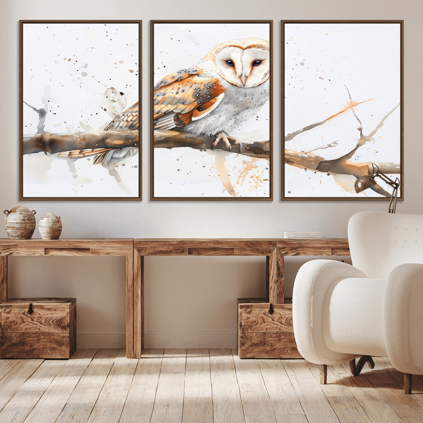 MGV-FC-60X30-3P - Barn Owl Wall Art on Branch | Stunning Canvas Print for Nature Lovers | Ready to Hang and Framed