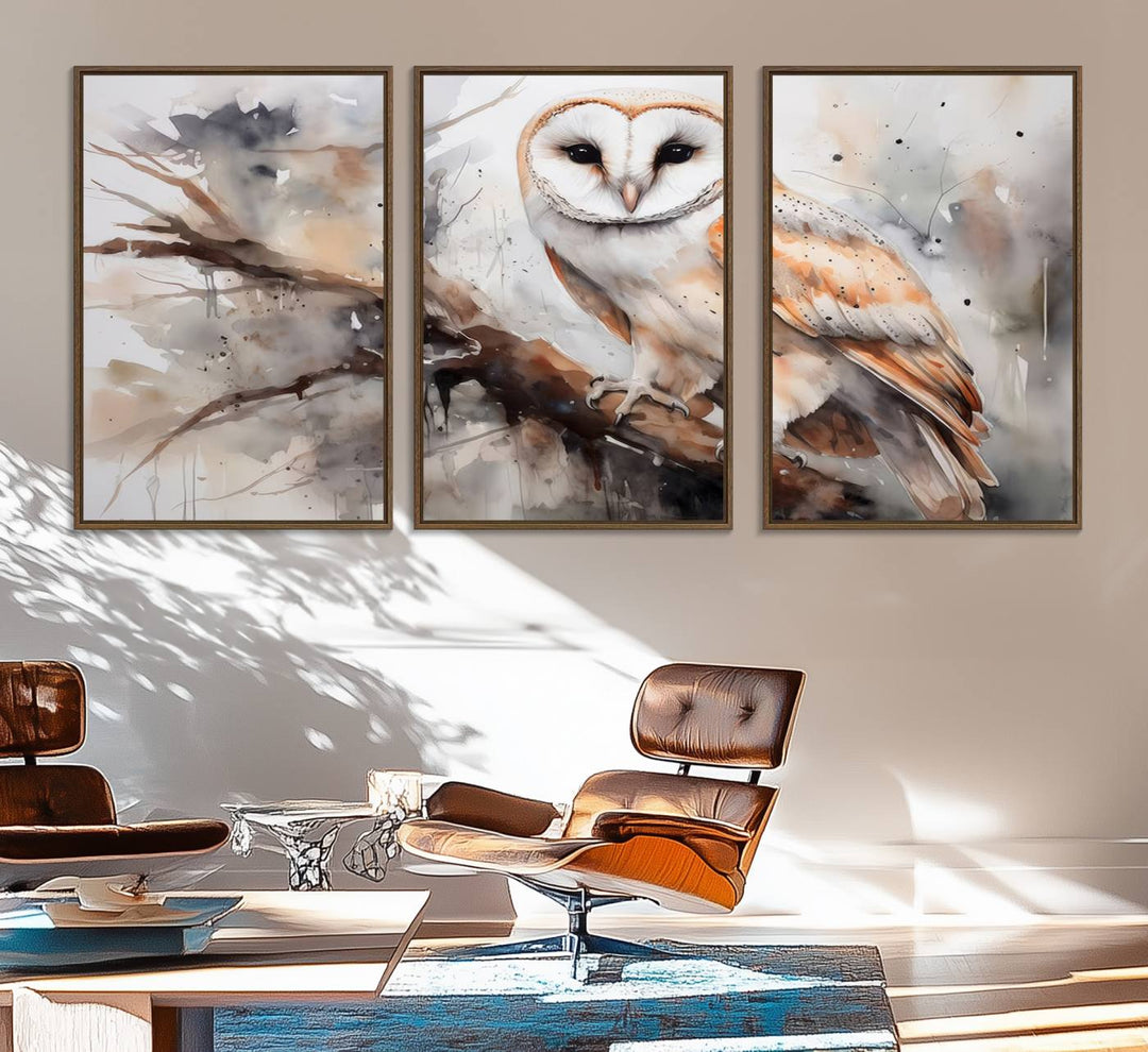 The Barn Owl Wall Art watercolor canvas adds a rustic twist to farmhouse decor.