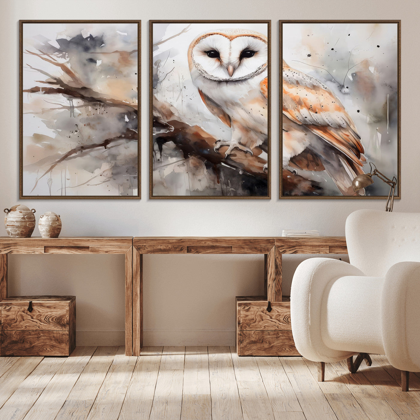 MGV-FC-60X30-3P - Barn Owl Wall Art | Watercolor Barn Owl Canvas Print | Perfect for Farmhouse Wall Decor | Ready to