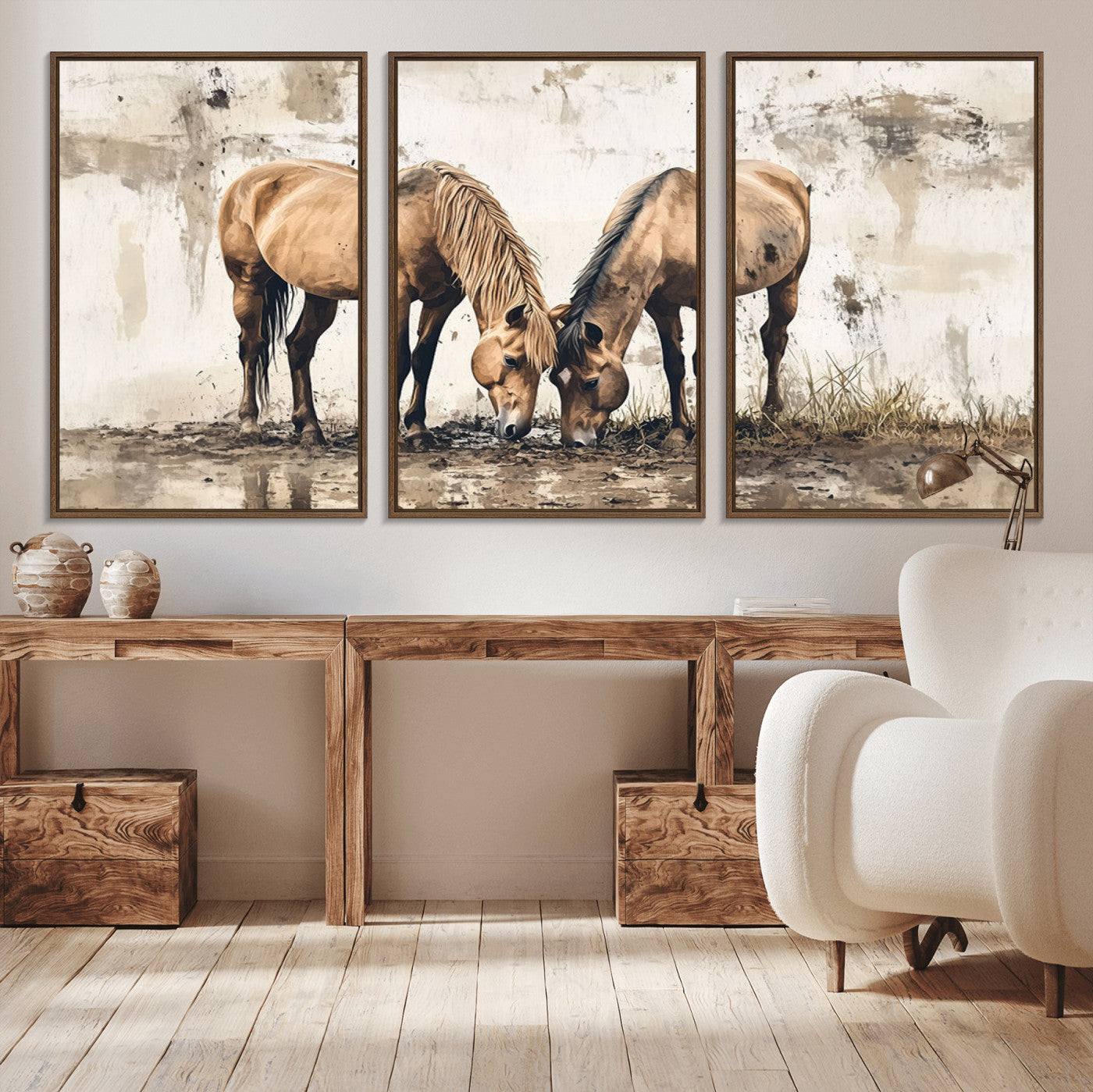 MGV-FC-60X30-3P - Vintage Horses Wall Art | Ready to Hang and Framed Triptych | Western Farmhouse Wall Decor for
