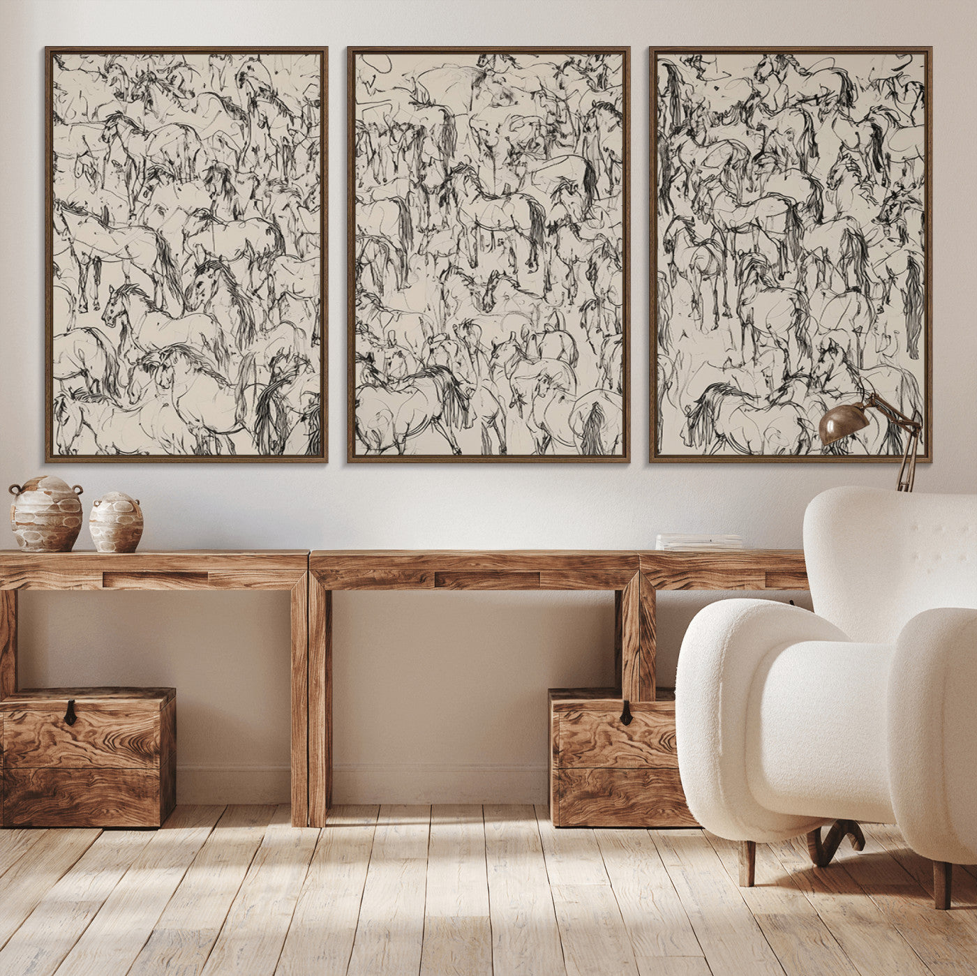 MGV-FC-60X30-3P - Abstract Horse Sketch Wall Art | Ready to Hang and Framed | Farmhouse Wall Decor for Living Room or