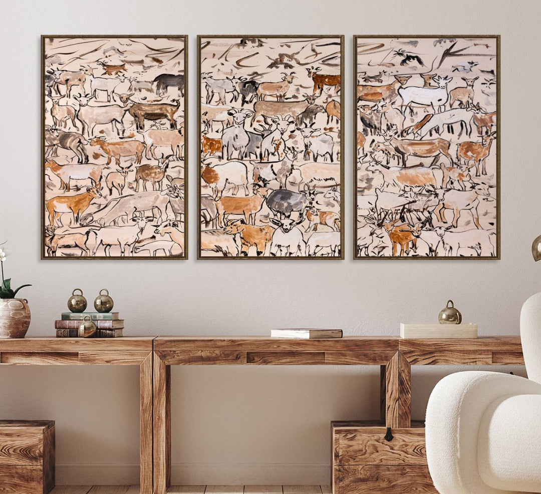 Framed Goat Herd Wall Art in minimal brush strokes on a beige backdrop, ideal for farmhouse or cabin decor.