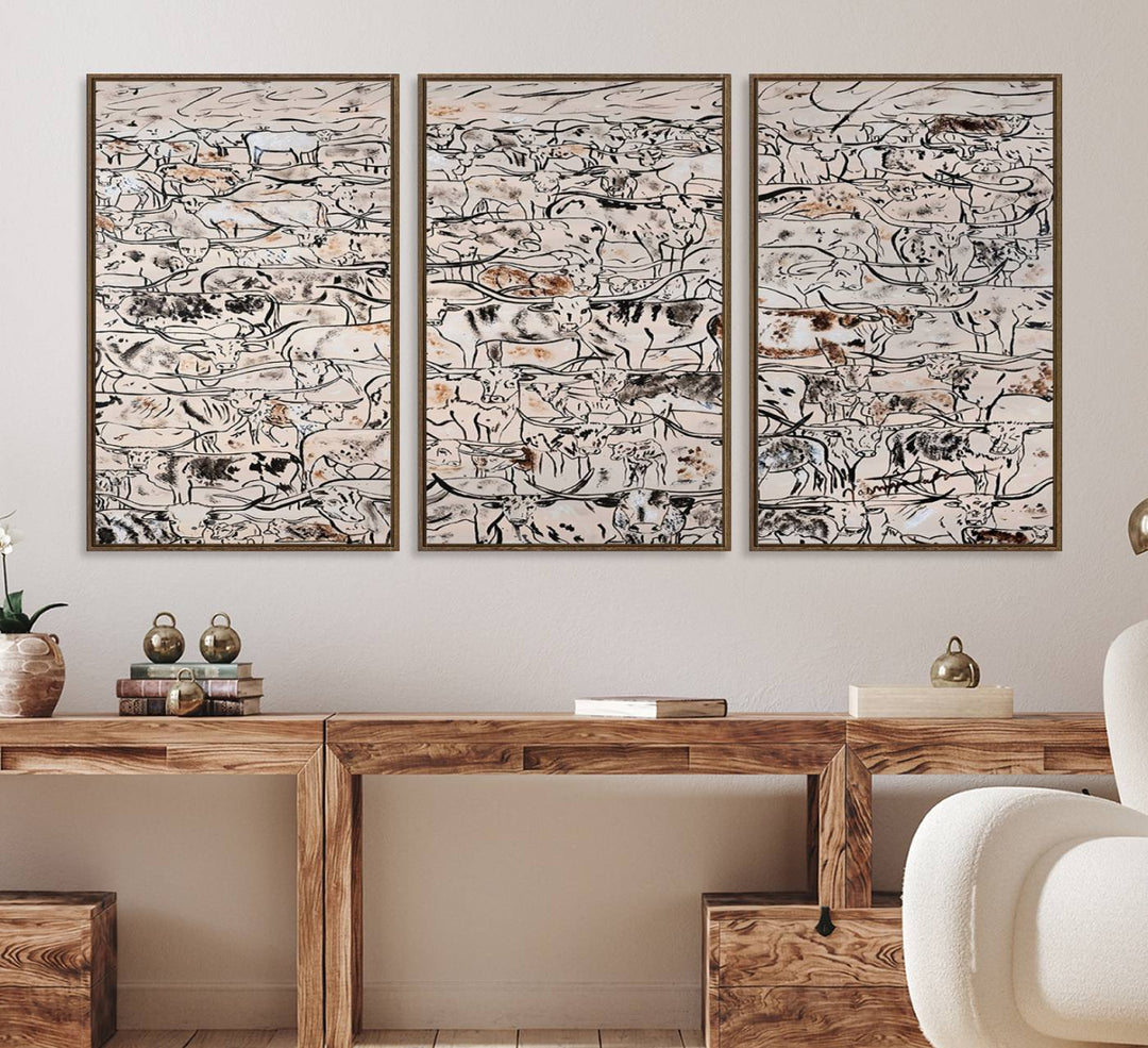 The dining room features a rustic decor highlighted by the Cattle Herd Wall Art.