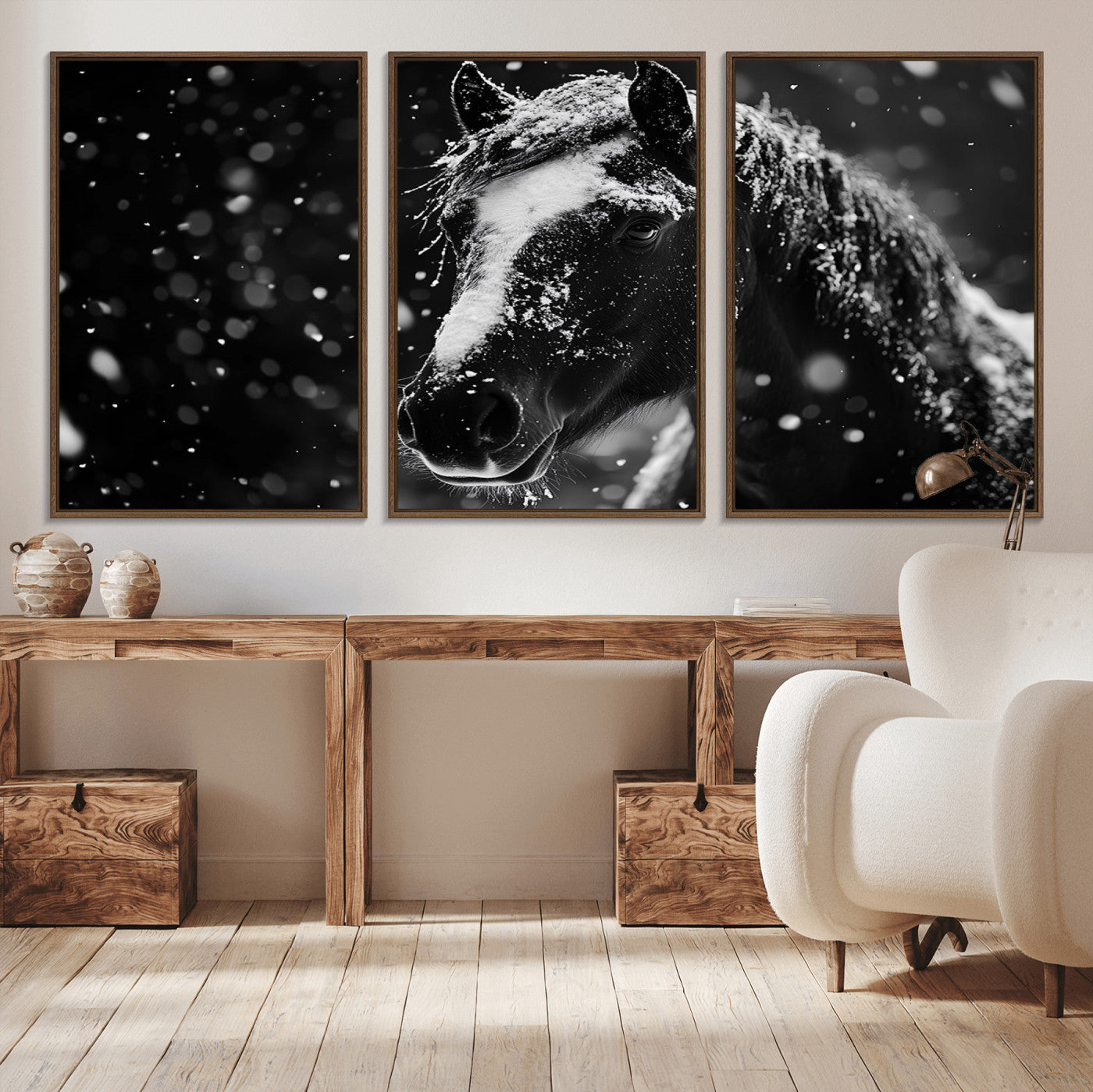 MGV-FC-60X30-3P - Winter Horse Wall Art | Black and White Horse Print | Ready to Hang and Framed | Farmhouse Wall Art