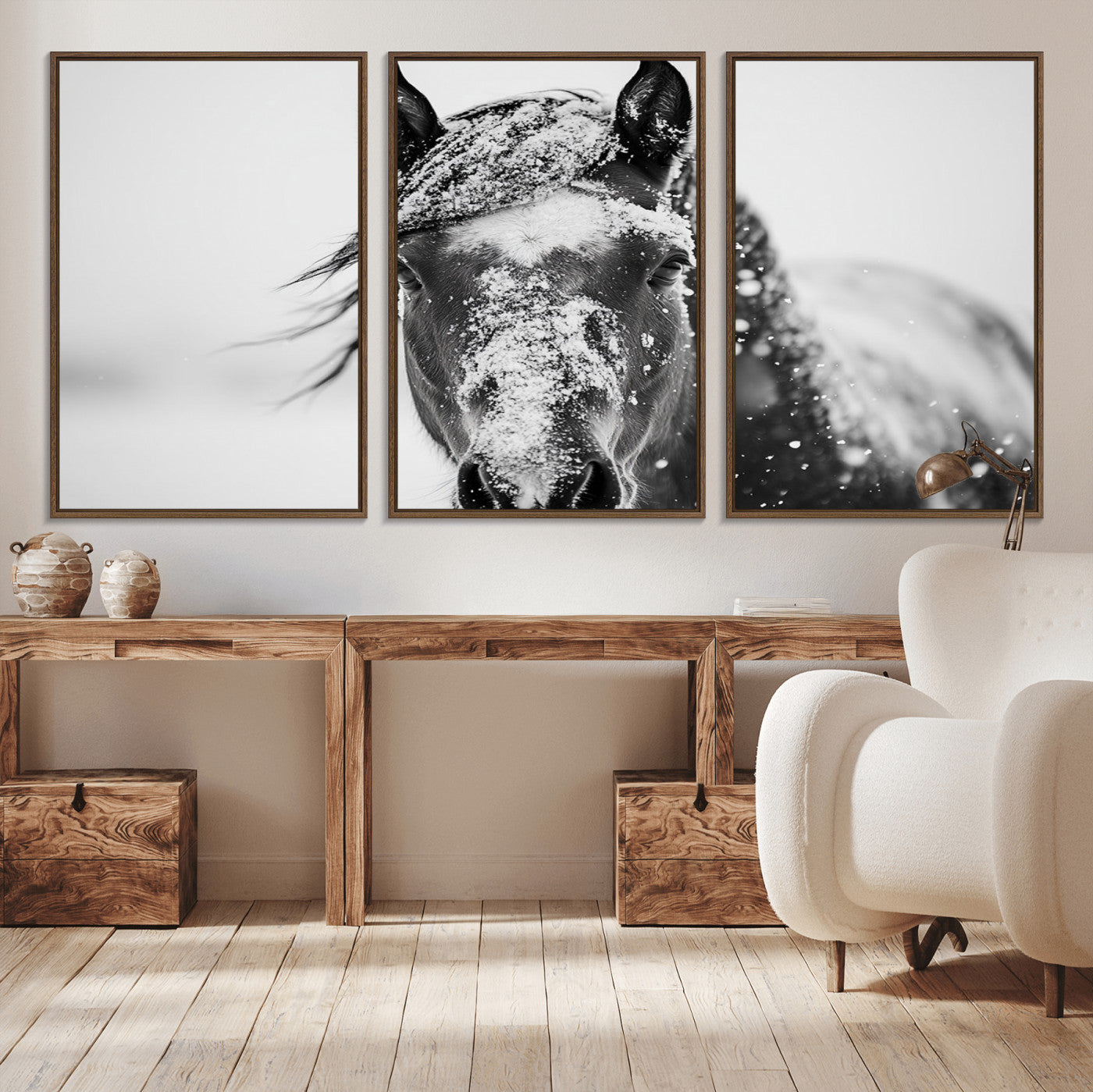 MGV-FC-60X30-3P - Western Wall Art | Black and White Winter Horse Wall Art | Ready to Hang and Framed | Farmhouse and