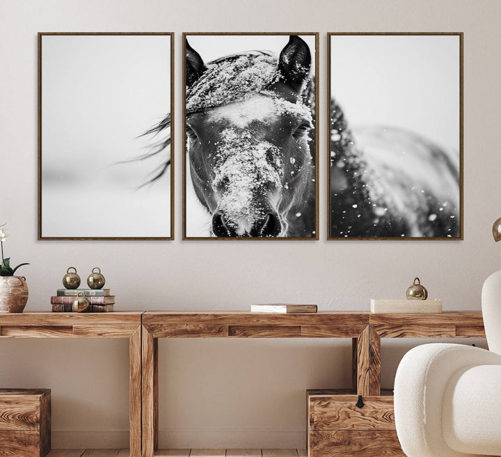 This black and white winter horse wall art enhances any decor; it is ready to hang and framed for a farmhouse or Western style.