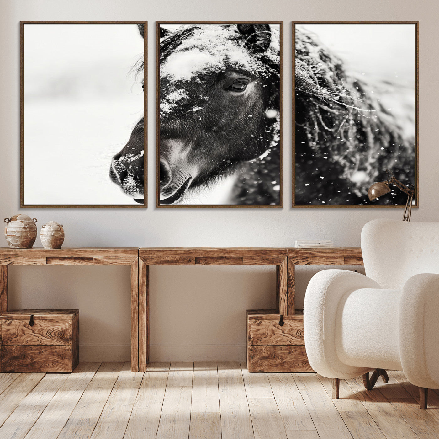 MGV-FC-60X30-3P - Framed Black and White Horse Wall Art | Ready to Hang and Framed | Farmhouse and Western Wall Decor