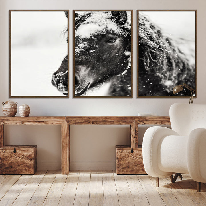 The wall art is a Black and White Horse piece, framed and ready to hang.