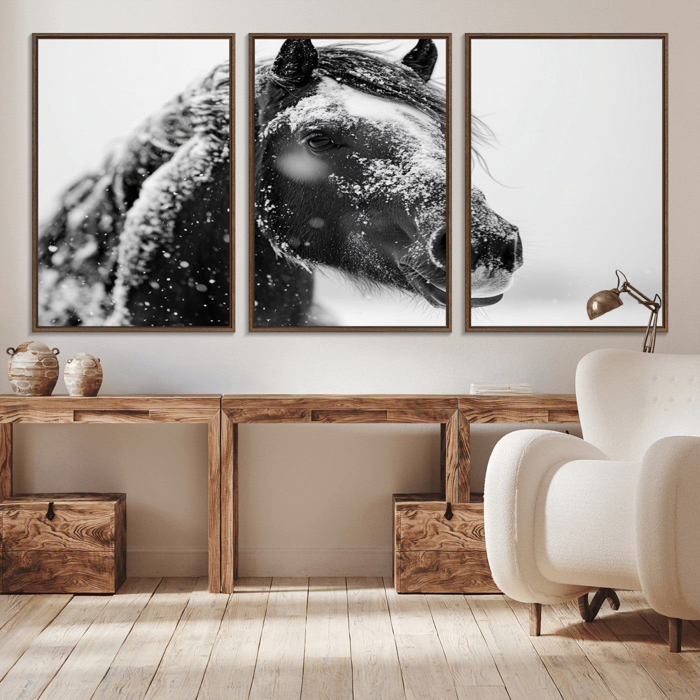 MGV-FC-60X30-3P - Winter Horse Canvas Print | Large 3-Panel Black White Equine Photography for Rustic Farmhouse Wall