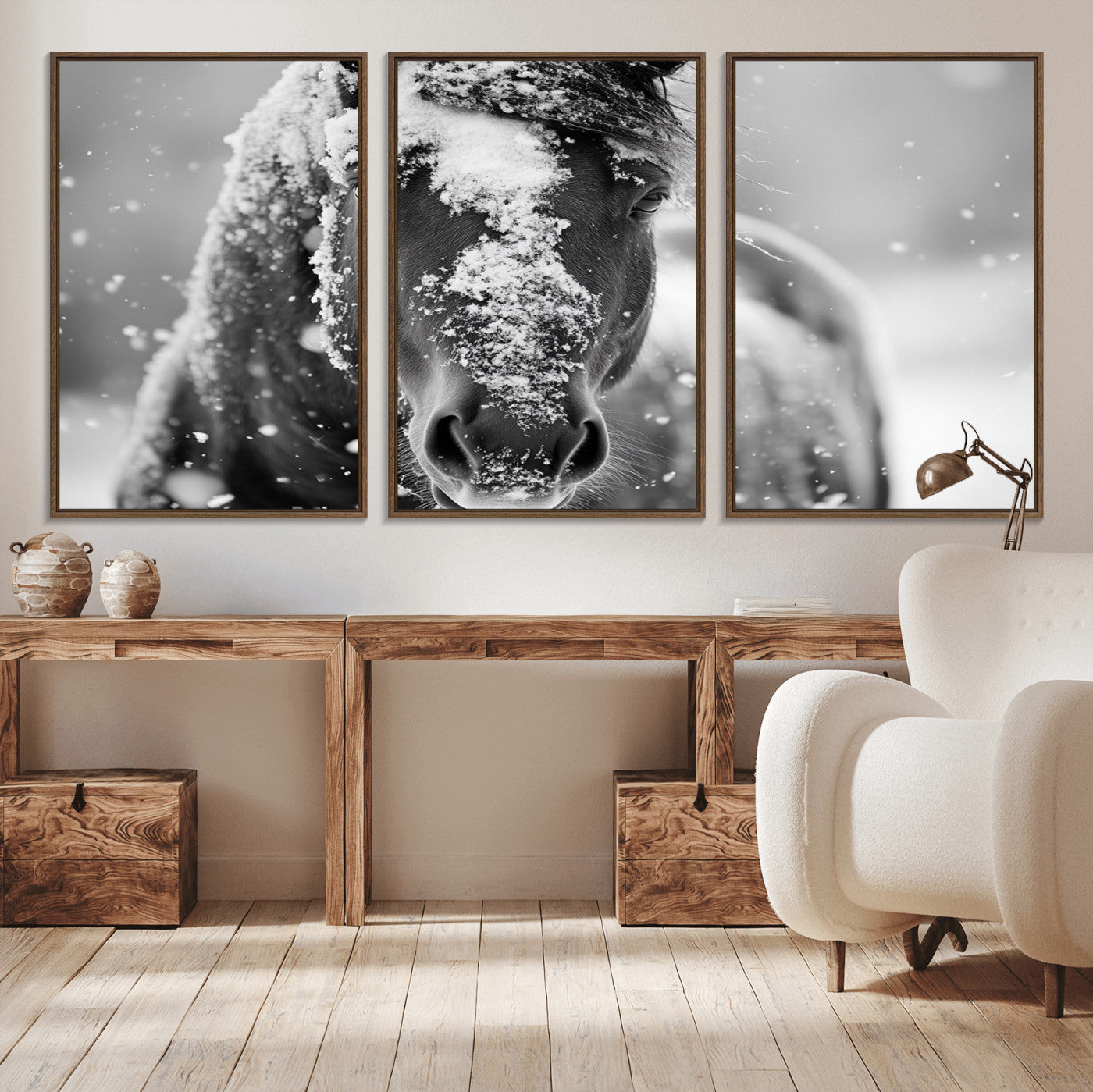 MGV-FC-60X30-3P - Black and White Horse Winter Wall Art | Ready to Hang and Framed | Farmhouse Wall Decor | Western