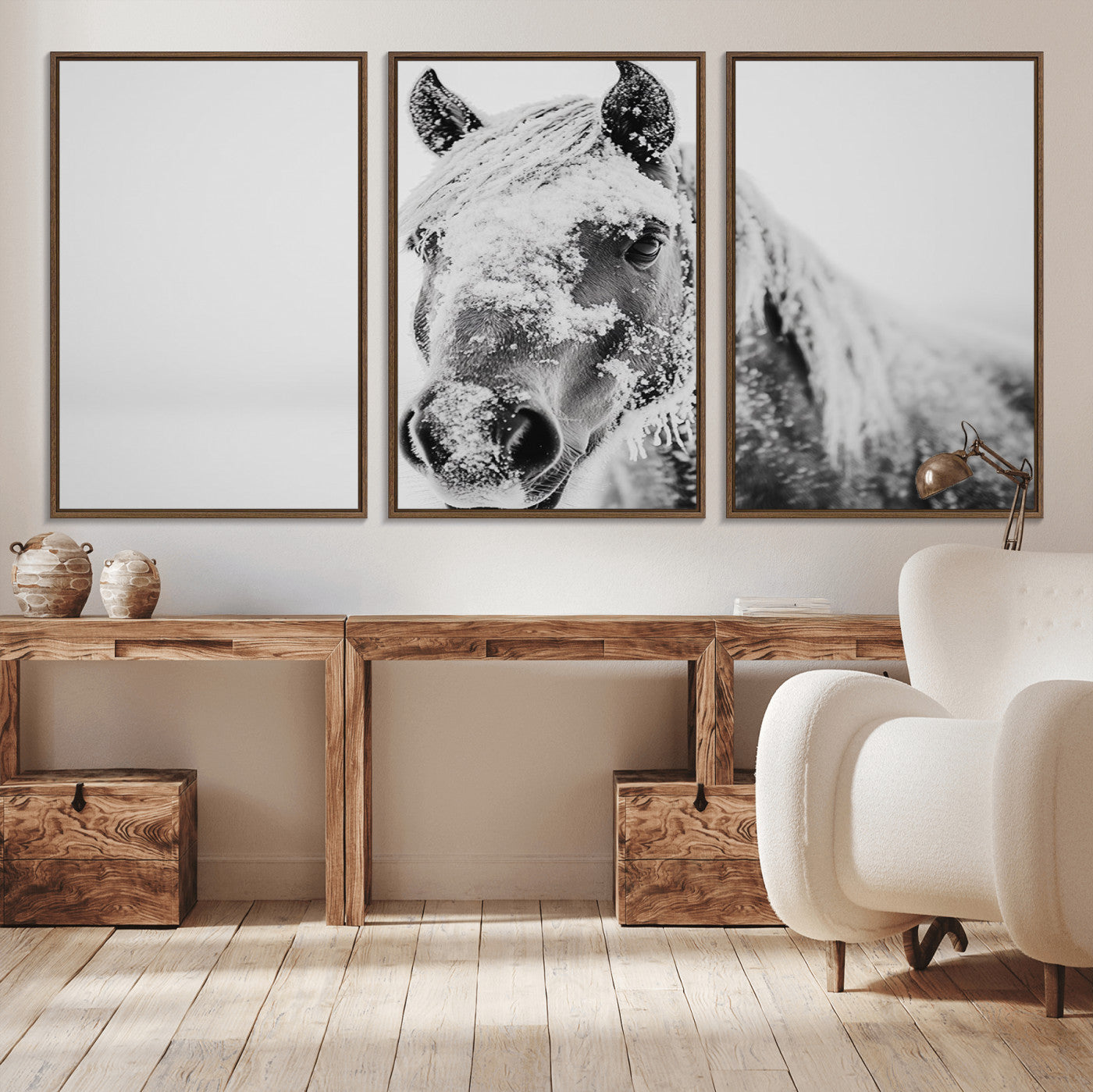 MGV-FC-60X30-3P - White Horse Wall Art | Ready to Hang and Framed | Winter Horse Wall Art Print for Farmhouse and