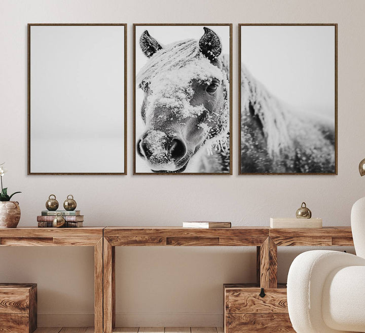 White Horse Wall Art: A black and white photo of a snow-covered horse, framed and ready to hang for farmhouse decor.