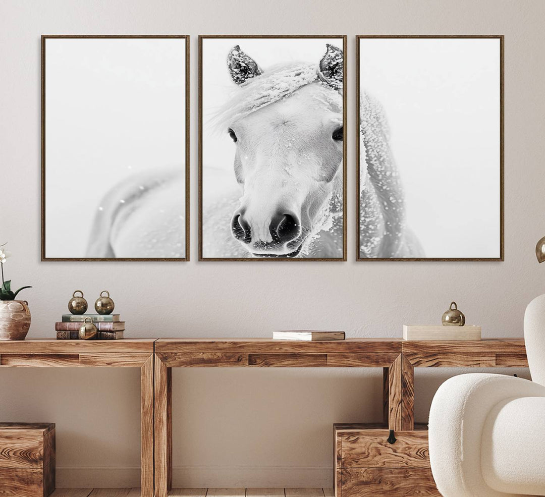 The dining room features the Majestic White Horse Wall Art, adding to its rustic charm.