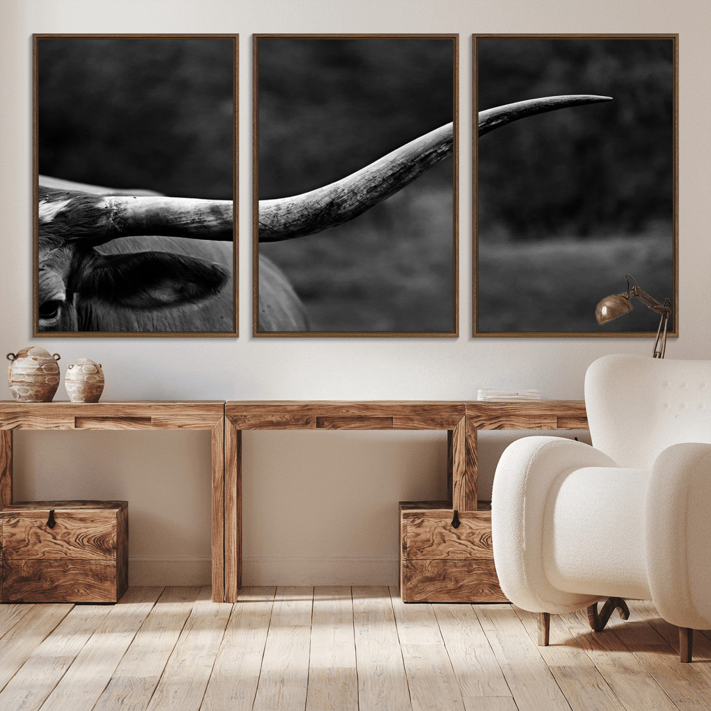 MGV-FC-60X30-3P - Cow Longhorn Wall Art | Black and White Print | Ready to Hang and Framed | Farmhouse Wall Decor |