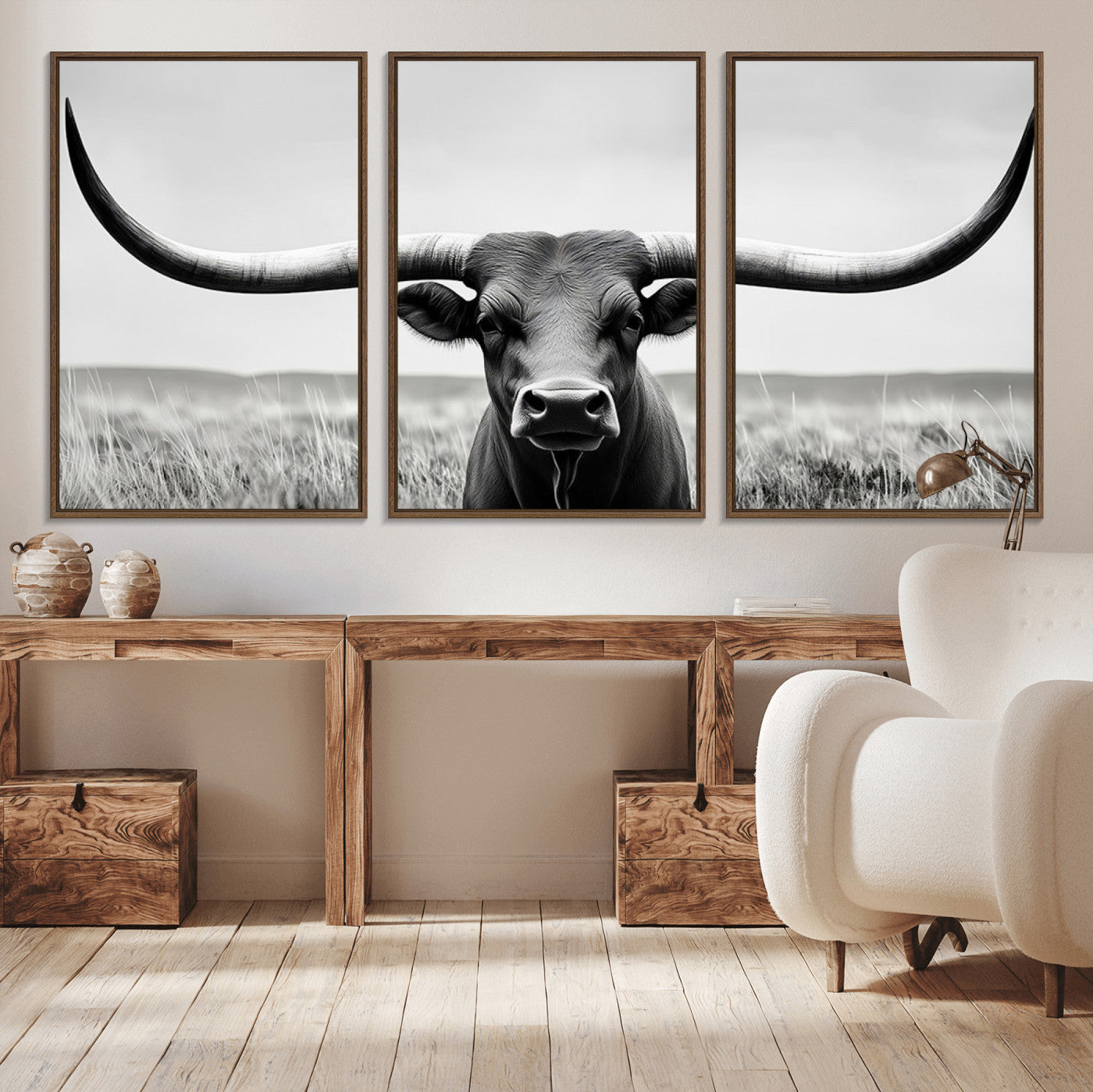 MGV-FC-60X30-3P - Longhorn Bull Canvas Print | Rustic Farmhouse Wall Art | Western Decor | Ready to Hang and Framed