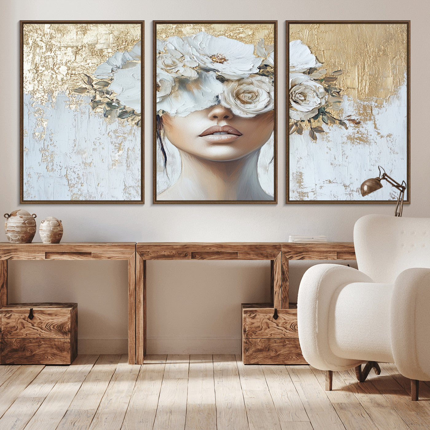 MGV-FC-60X30-3P - Golden Petal Wall Art - Canvas Print Flower Head Woman Painting Floral Woman Portrait Wall Decor,