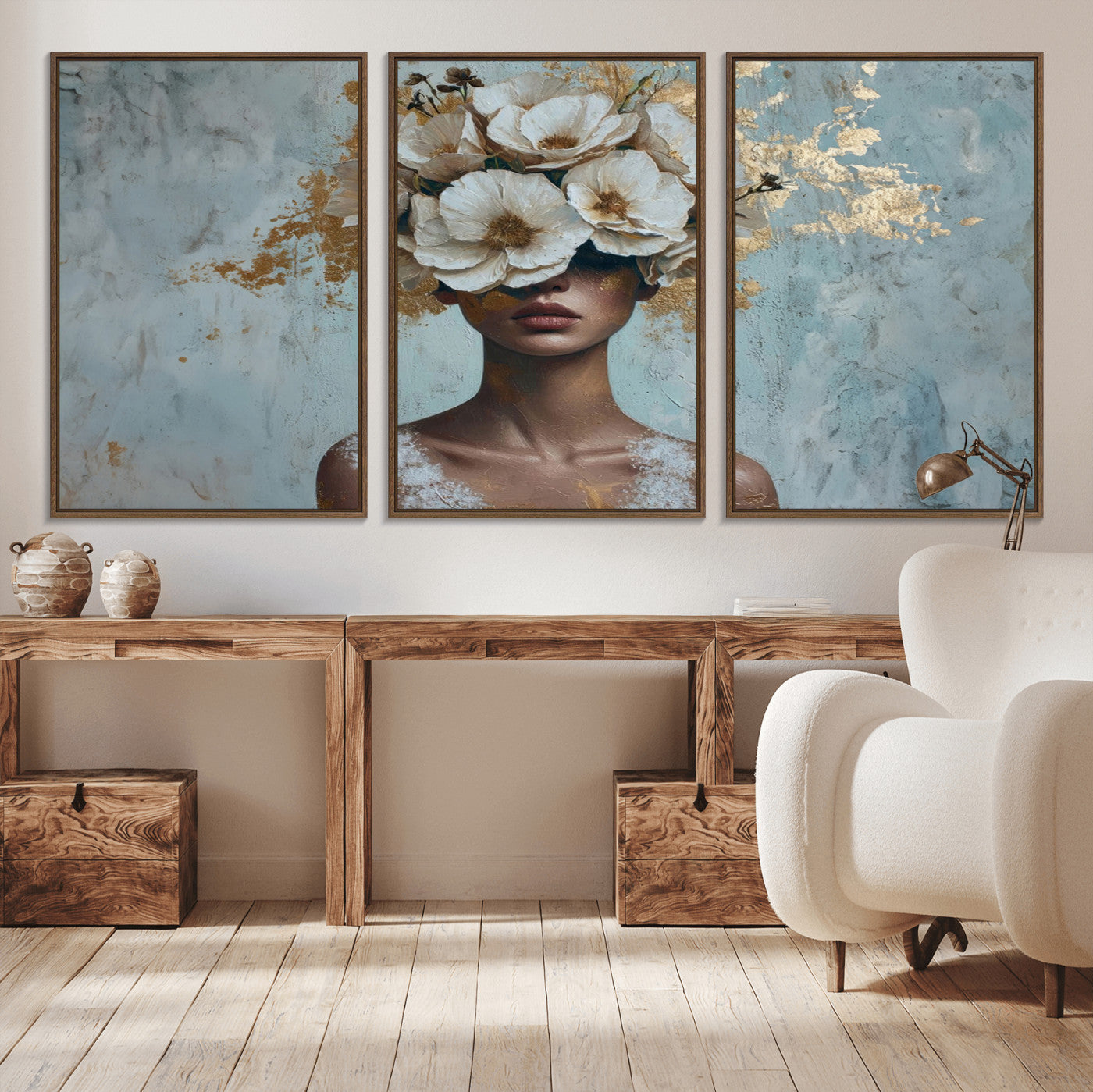 38084-MGV-FC-60X30-3P_Walnut-Golden Petal Wall Art - Petal Silhouette Woman Wall Art Canvas Print | Large 3-Panel Canvas with