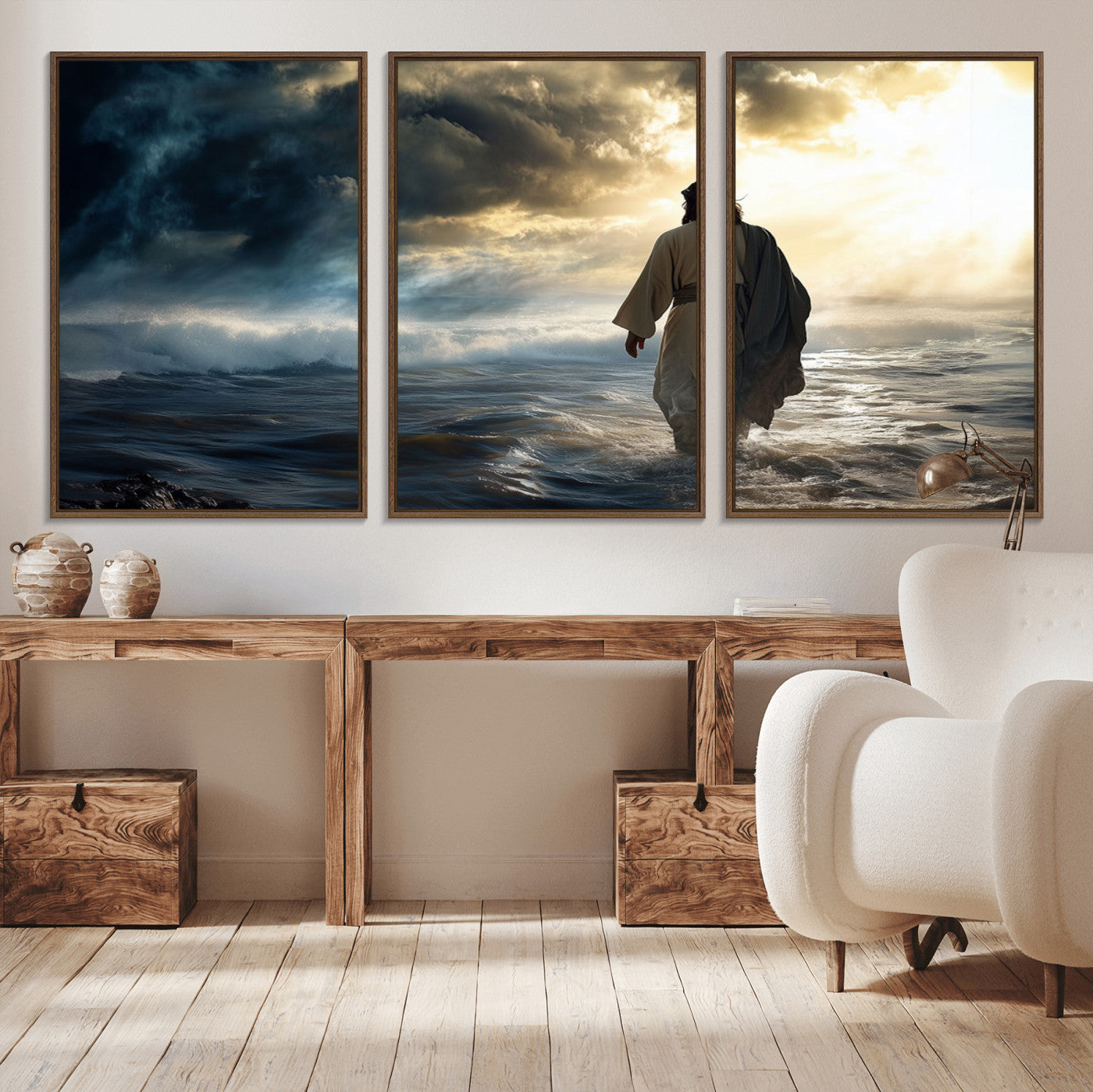 76524-MGV-CV-36X24-Jesus Walking Water Wall Art – Inspirational Christian Canvas Print, Faith Based Spiritual Artwork for Living Room, Prayer Space, or Church Decor