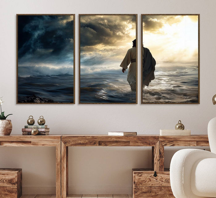 A dramatic sky serves as the backdrop for the Jesus Walking on Water wall art, a perfect piece for Christian home decor.