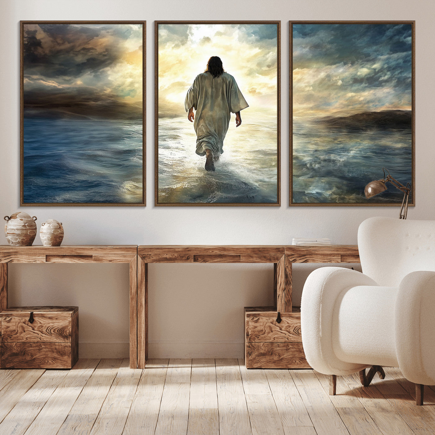 MGV-FC-60X30-3P - Jesus Walking on Water Wall Art | Canvas Print | Ready to Hang | Christian Home Decor | Spiritual