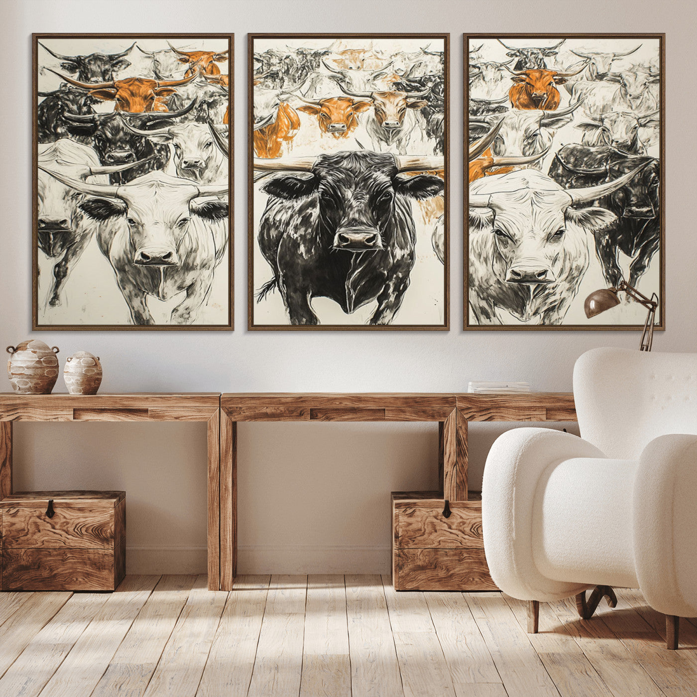 MGV-FC-60X30-3P - Farmhouse Wall Art | Western Longhorn Cattle Canvas Print | Ready to Hang and Framed Barn Decor