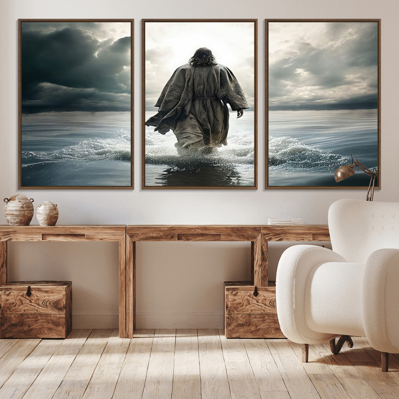 MGV-FC-60X30-3P - Jesus Walking on Water Wall Art | Canvas Print | Ready to Hang | Christian Home Decor | Spiritual