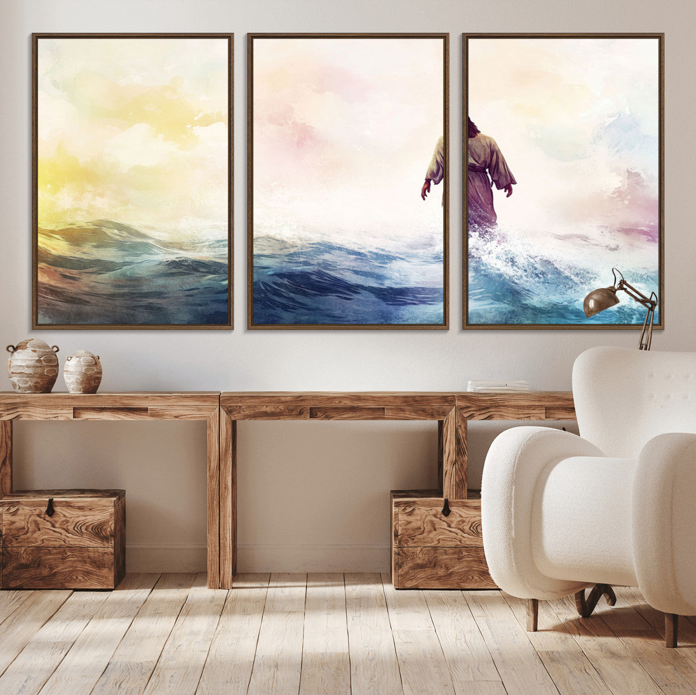 MGV-FC-60X30-3P - Watercolor Jesus Walking on Water Canvas Print, Christian Wall Art, Jesus Christ Walking