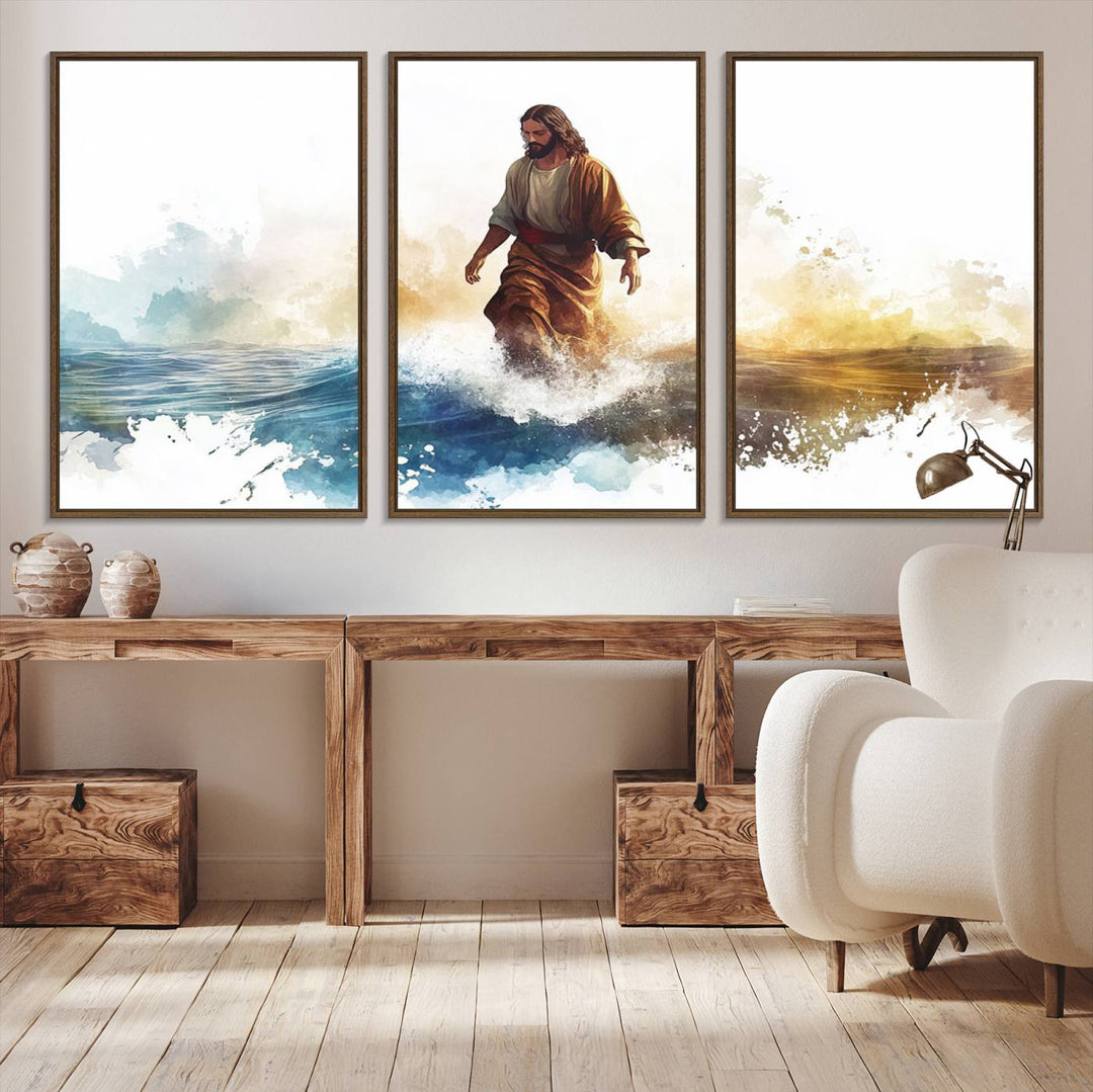 This watercolor canvas print depicts Jesus walking, characterized by abstract splashes against a serene background. It serves as a beautiful piece of Christian wall art.