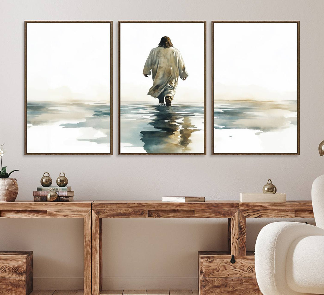 A Watercolor Jesus Walking on Water Christian wall art.